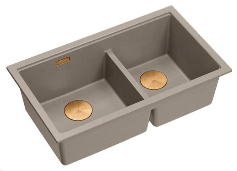 Quadri Newport II Double Taupe Granite Undermount Sink 702 x 390 mm with Copper Plug 1208971377