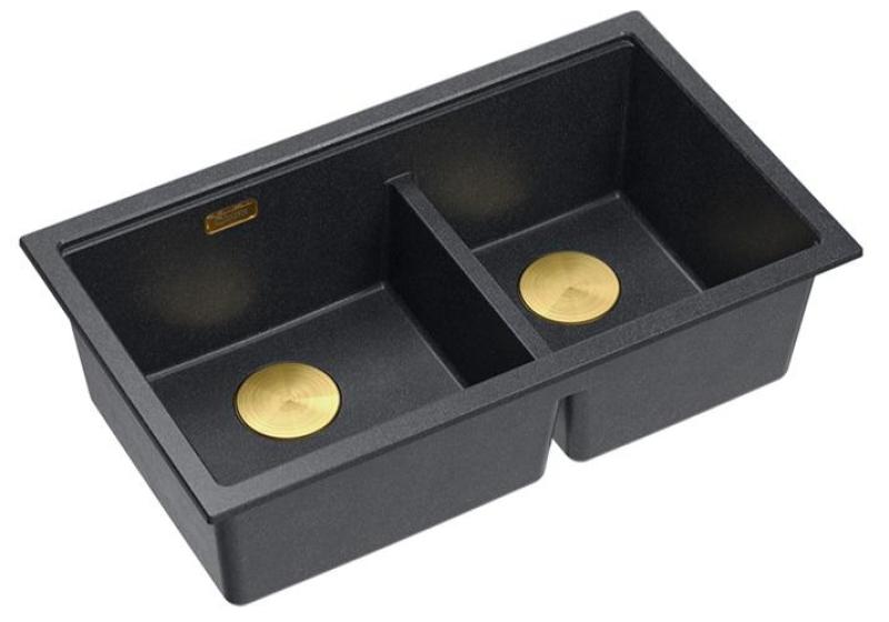 Quadri Newport II Double Anthracite Granite Undermount Sink 702 x 390 mm with Gold Plug 1208971379