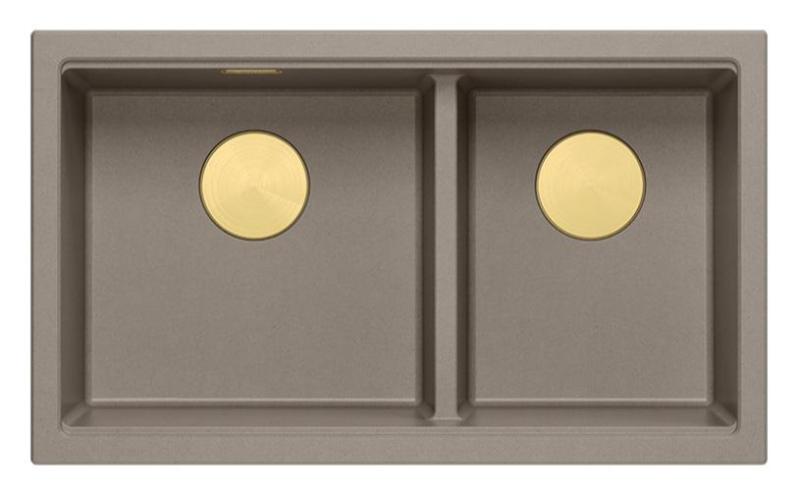 Quadri Newport II Double Taupe Granite Undermount Sink 702 x 390 mm with Gold Plug 1208971382