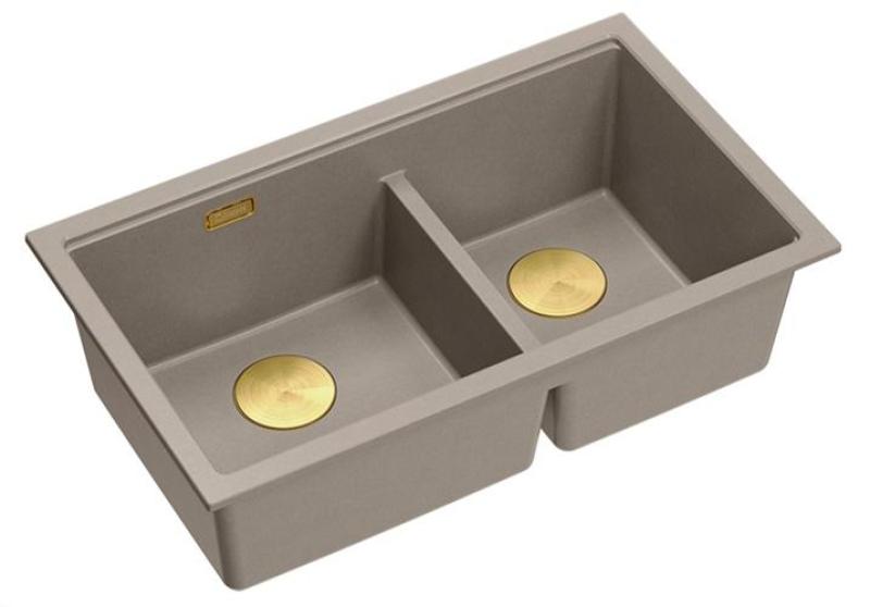 Quadri Newport II Double Taupe Granite Undermount Sink 702 x 390 mm with Gold Plug 1208971382