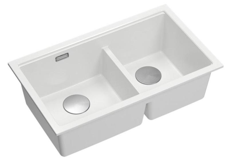 Quadri Newport II Double White Granite Undermount Sink 702 x 390 mm with Stainless Steel Plug 1208971383