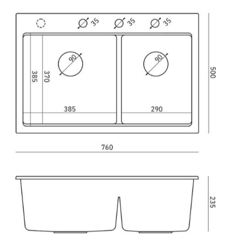 Quadri Hard Rock Double Gray Granite Build-up Sink 76x50 cm with Copper plug and accessories 1208971389