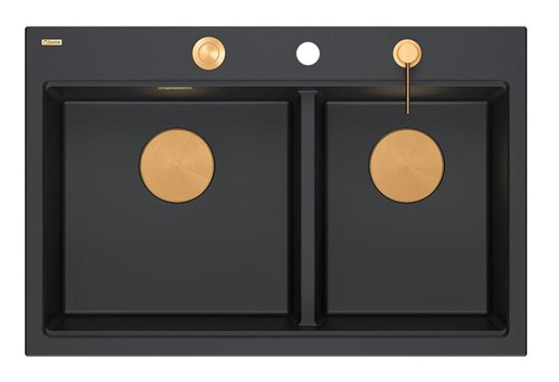 Quadri Hard Rock Double Black Granite Built-in Sink 76x50 cm with Copper Plug and Accessories 1208971390