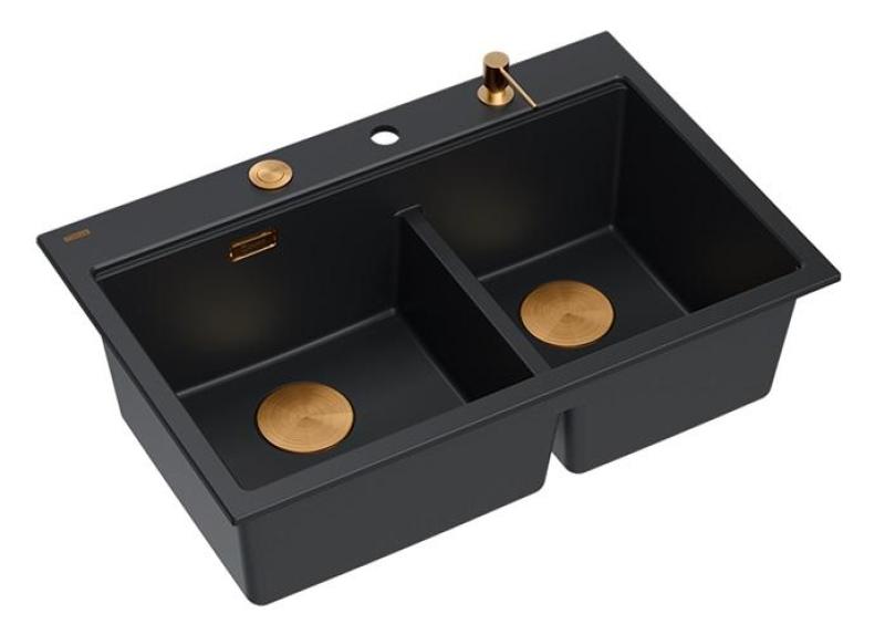 Quadri Hard Rock Double Black Granite Built-in Sink 76x50 cm with Copper Plug and Accessories 1208971390