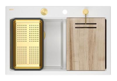 Quadri Hard Rock Double White Granite Built-in Sink 76x50 cm with Gold Plug and Accessories 1208971392