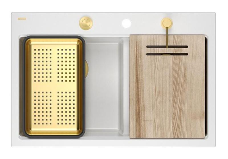 Quadri Hard Rock Double White Granite Built-in Sink 76x50 cm with Gold Plug and Accessories 1208971392