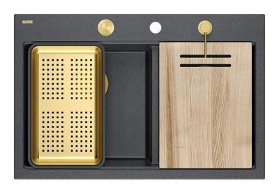 Quadri Hard Rock Double Anthracite Granite Built-in Sink 76x50 cm with Gold Plug and Accessories 1208971393