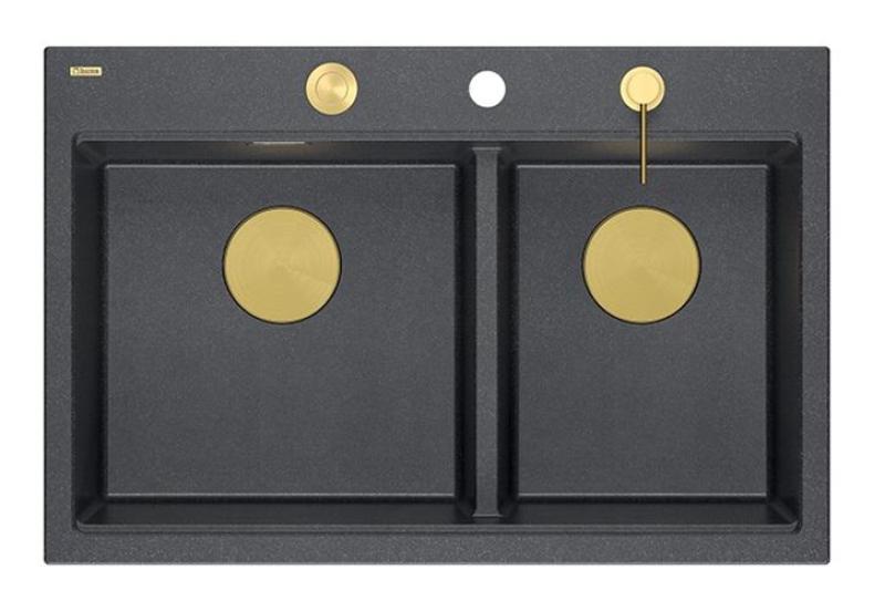 Quadri Hard Rock Double Anthracite Granite Built-in Sink 76x50 cm with Gold Plug and Accessories 1208971393