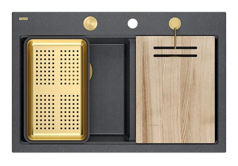 Quadri Hard Rock Double Anthracite Granite Built-in Sink 76x50 cm with Gold Plug and Accessories 1208971393