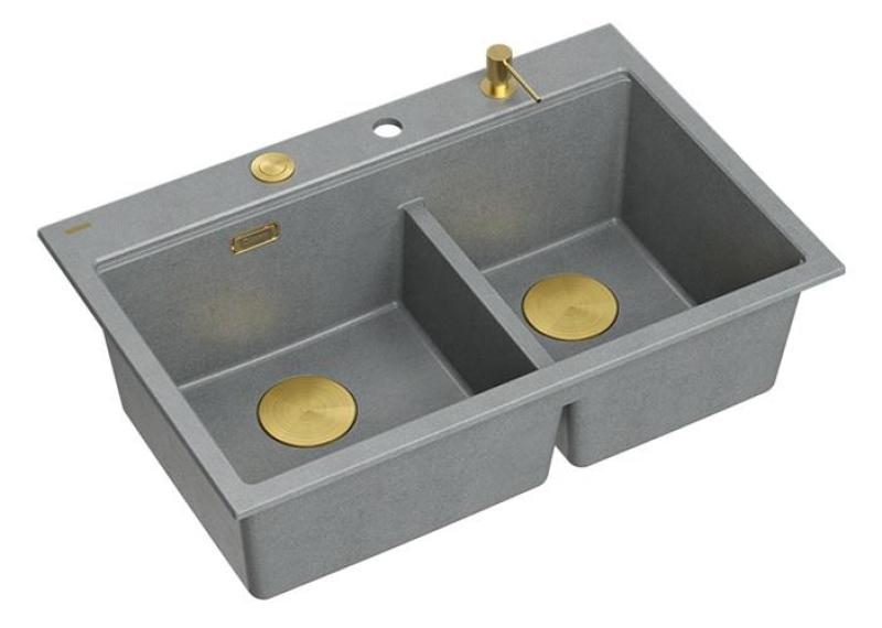 Quadri Hard Rock Double Grey Granite Built-in Sink 76x50 cm with Golden Plug and Accessories 1208971394