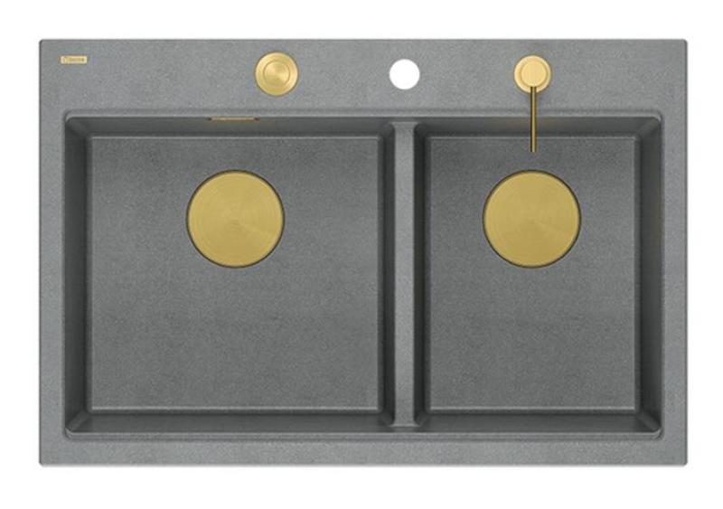 Quadri Hard Rock Double Grey Granite Built-in Sink 76x50 cm with Golden Plug and Accessories 1208971394