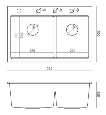 Quadri Hard Rock Double Anthracite Granite Built-in Sink 76x50 cm with Stainless Steel Plug and Accessories 1208971399