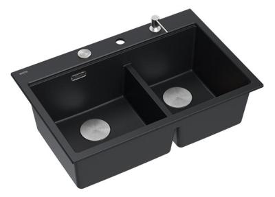Quadri Hard Rock Double Black Granite Built-in Sink 76x50 cm with Stainless Steel Plug and Accessories 1208971401
