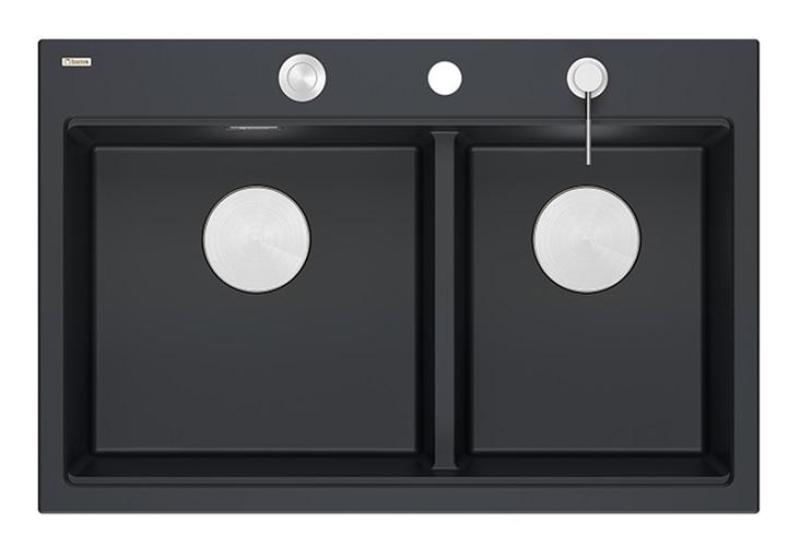 Quadri Hard Rock Double Black Granite Built-in Sink 76x50 cm with Stainless Steel Plug and Accessories 1208971401