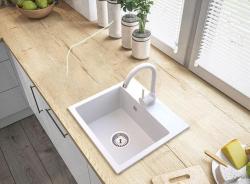 Graniteland Nera Granite Sink 45x42 cm White Surface Mount with Faucet Hole and Stainless Steel Plug 1208971435