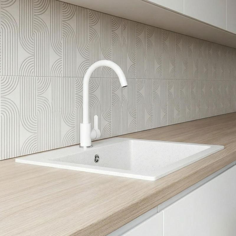 Graniteland Nera Granite Sink 45x42 cm White Surface Mount with Faucet Hole and Stainless Steel Plug 1208971435