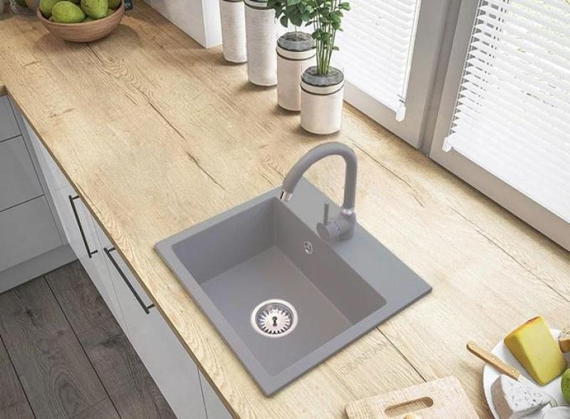 Graniteland Nera Granite Sink 45x42 cm Grey Built-in with Faucet Hole and Stainless Steel Plug 1208971436