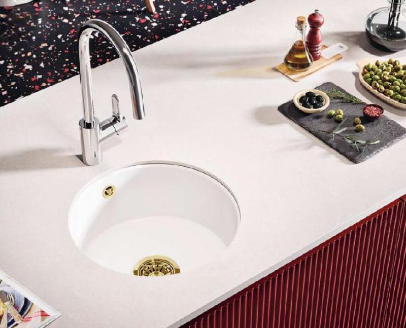 Ausmann Ceramic Ember Ceramic White Round Top Mount and Under Mount Sink with Gold Plug 1208971461