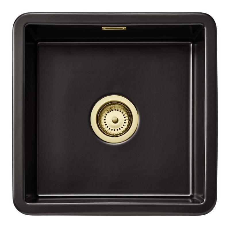 Ausmann Ceramic Ember Ceramic Mat Black Square Sink Top and Undermount 40 x 40 cm with Golden plug 1208971486