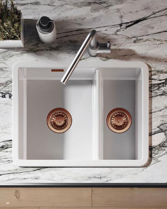 Ausmann Ceramic Ember Ceramic White One and a Half Bowl Sink Overmount and Undermount 535 x 400 mm with Copper Plugs 1208971507
