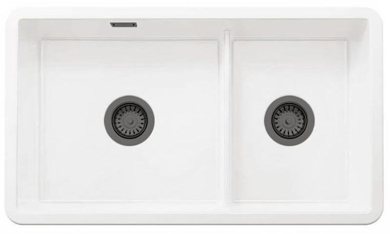 Ausmann Ceramic Ember Ceramic White One and a Half Bowl Sink Overmount and Undermount 733 x 401 mm with Gun Metal Plugs 1208971520