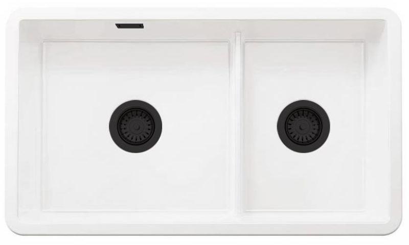 Ausmann Ceramic Ember Ceramic White One and a Half Bowl Sink Surface and Undermount 733 x 401 mm with Black Plugs 1208971521