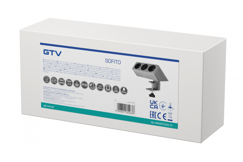 Furniture socket SOFITO, 2xSHUKO, USB A+C, cable 1.5 m, gray flock