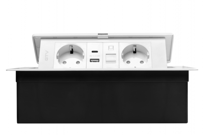 Furniture socket MULTISOFT, 2xSHUKO, USB A+C, RJ45, cable 1.5 m, white