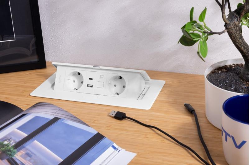 Furniture socket MULTISOFT, 2xSHUKO, USB A+C, RJ45, cable 1.5 m, white