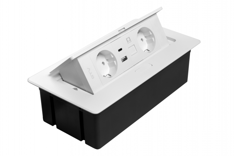 Furniture socket MULTISOFT, 2xSHUKO, USB A+C, RJ45, cable 1.5 m, white