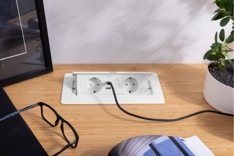 Furniture socket MULTISOFT, 2xSHUKO, USB A+C, RJ45, cable 1.5 m, white