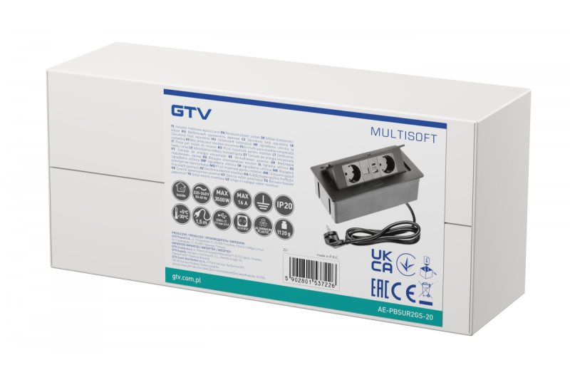 Furniture socket MULTISOFT, 2xSHUKO, USB A+C, RJ45, cable 1.5 m, black