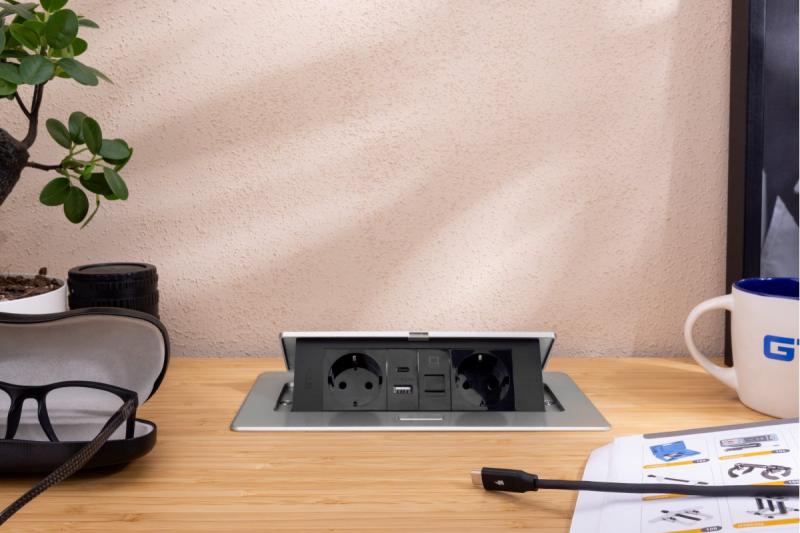 Furniture socket MULTISOFT, 2xSHUKO, USB A+C, RJ45, cable 1.5 m, aluminum