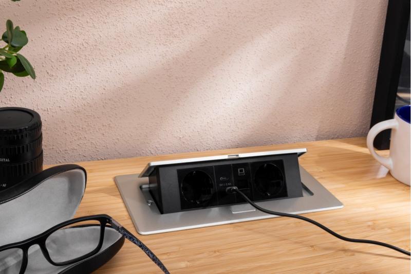 Furniture socket MULTISOFT, 2xSHUKO, USB A+C, RJ45, cable 1.5 m, aluminum