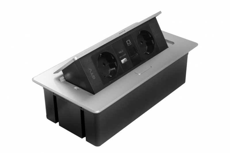 Furniture socket MULTISOFT, 2xSHUKO, USB A+C, RJ45, cable 1.5 m, aluminum