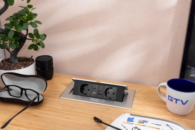 Furniture socket MULTISOFT, 2xSHUKO, USB A+C, RJ45, cable 1.5 m, aluminum