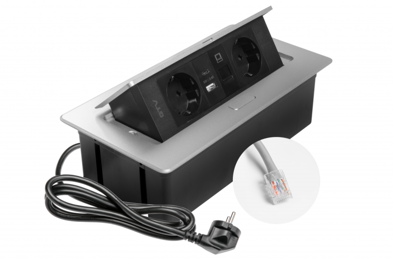 Furniture socket MULTISOFT, 2xSHUKO, USB A+C, RJ45, cable 1.5 m, aluminum