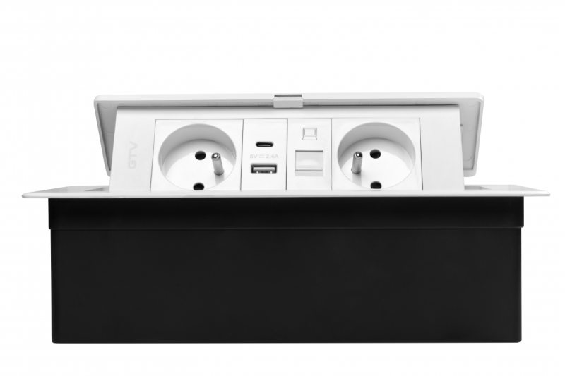 MULTISOFT Furniture Socket 2x Socket with Earthing, USB A+C, RJ45, Power Cable with Plug, White