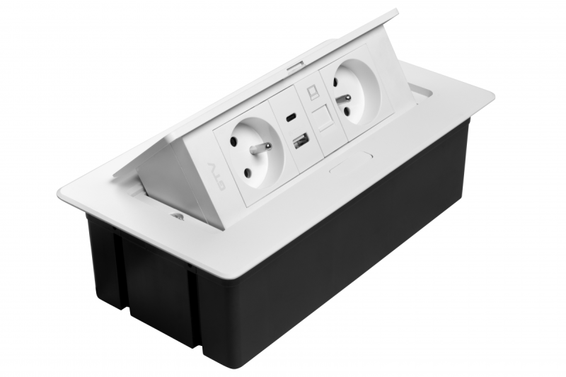 MULTISOFT Furniture Socket 2x Socket with Earthing, USB A+C, RJ45, Power Cable with Plug, White