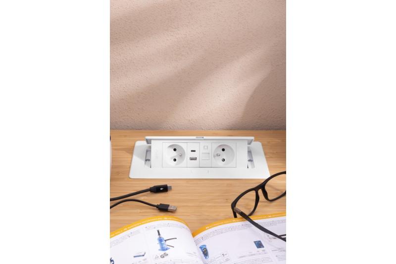 MULTISOFT Furniture Socket 2x Socket with Earthing, USB A+C, RJ45, Power Cable with Plug, White