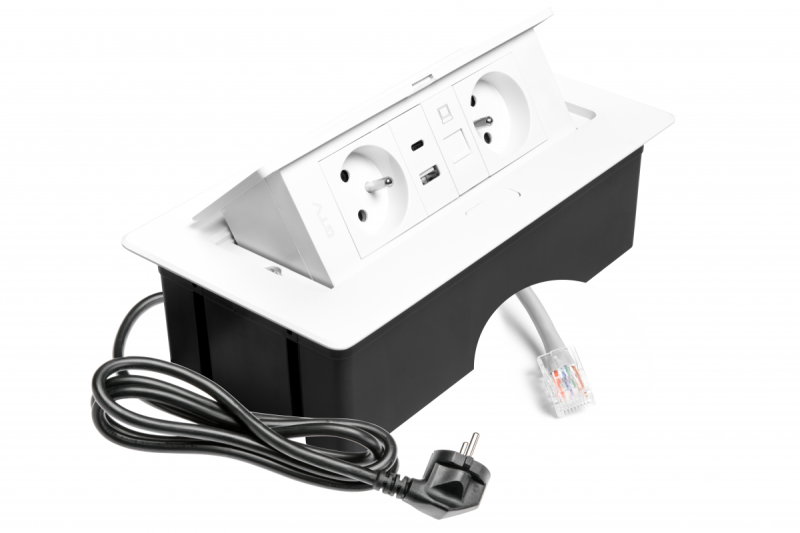 MULTISOFT Furniture Socket 2x Socket with Earthing, USB A+C, RJ45, Power Cable with Plug, White