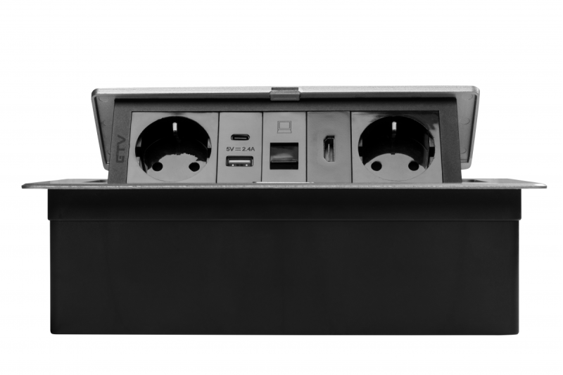 Furniture socket MULTISOFT, 2xSHUKO, USB A+C, RJ45, HDMI cable 1.5 m, aluminum