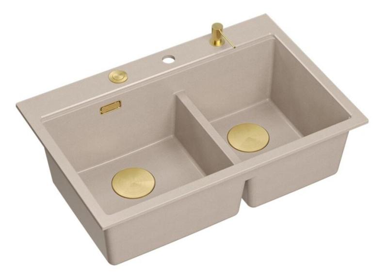 Quadri Hard Rock Double Beige Granite Built-in Sink 76x50 cm with Gold Plug and Accessories 1208971663