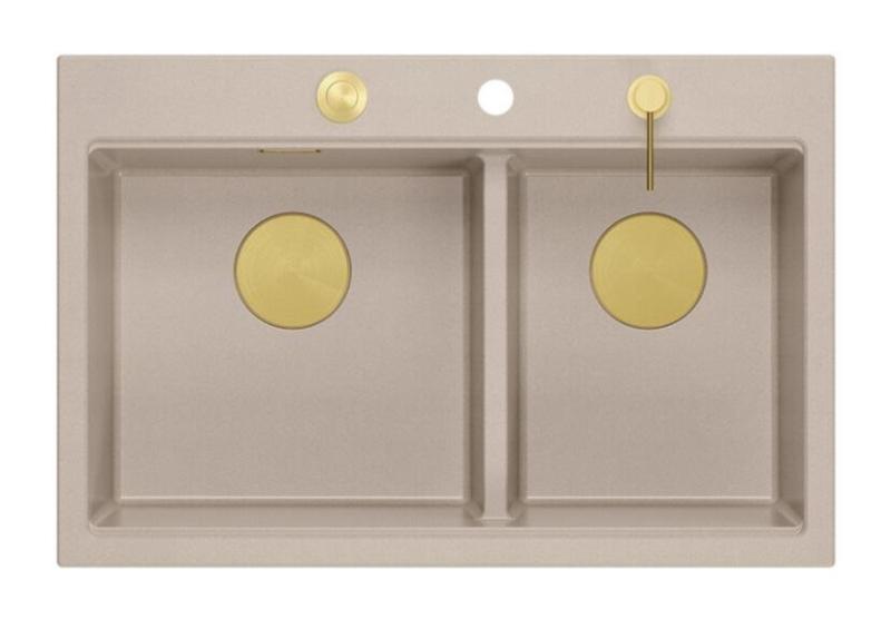 Quadri Hard Rock Double Beige Granite Built-in Sink 76x50 cm with Gold Plug and Accessories 1208971663