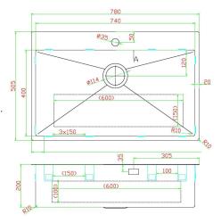 Pure.Sink Luxion Large Gunmetal Sink 78x50 cm Tapwing with Tap Hole PLX7850T-61