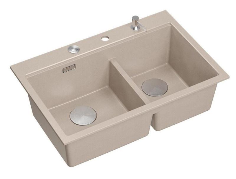 Quadri Hard Rock Double Beige Granite Built-in Sink 76x50 cm with Stainless Steel plug and accessories 1208971749