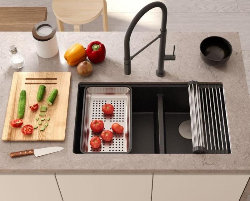 Quadri Newport II Double Beige Granite Built-in Sink 76x45 cm with Copper Plug 1208971752