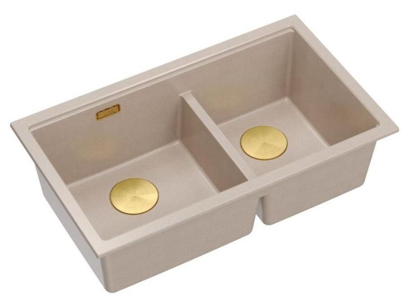 Quadri Newport II Double Beige Granite Undermount Sink 702 x 390 mm with Gold Plug 1208971756