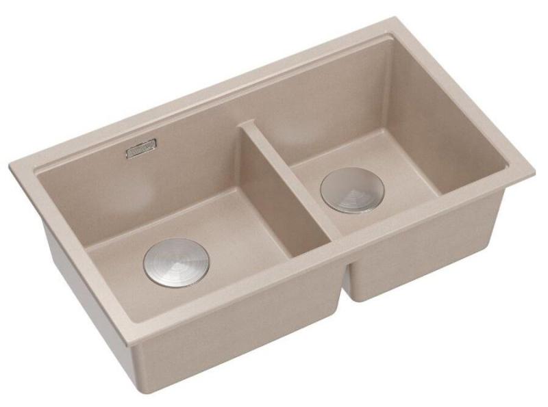 Quadri Newport II Double Beige Granite Undermount Sink 702 x 390 mm with Stainless Steel Plug 1208971757
