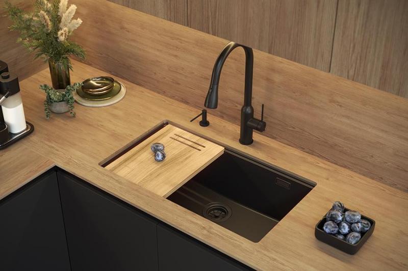 Quadri Newport II large and deep granite sink for top mount and undermount in beige, sink size 76x45cm with gold plug 1208971759.